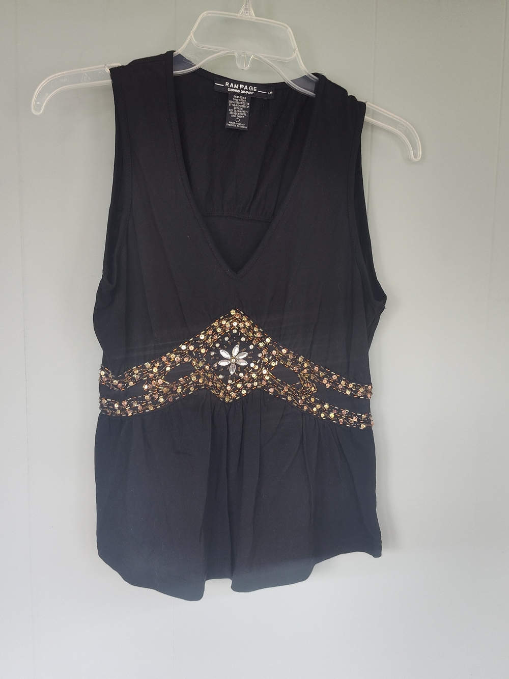 Vintage Rampage Black Sleeveless Embellished V-Neck Top - Cotton